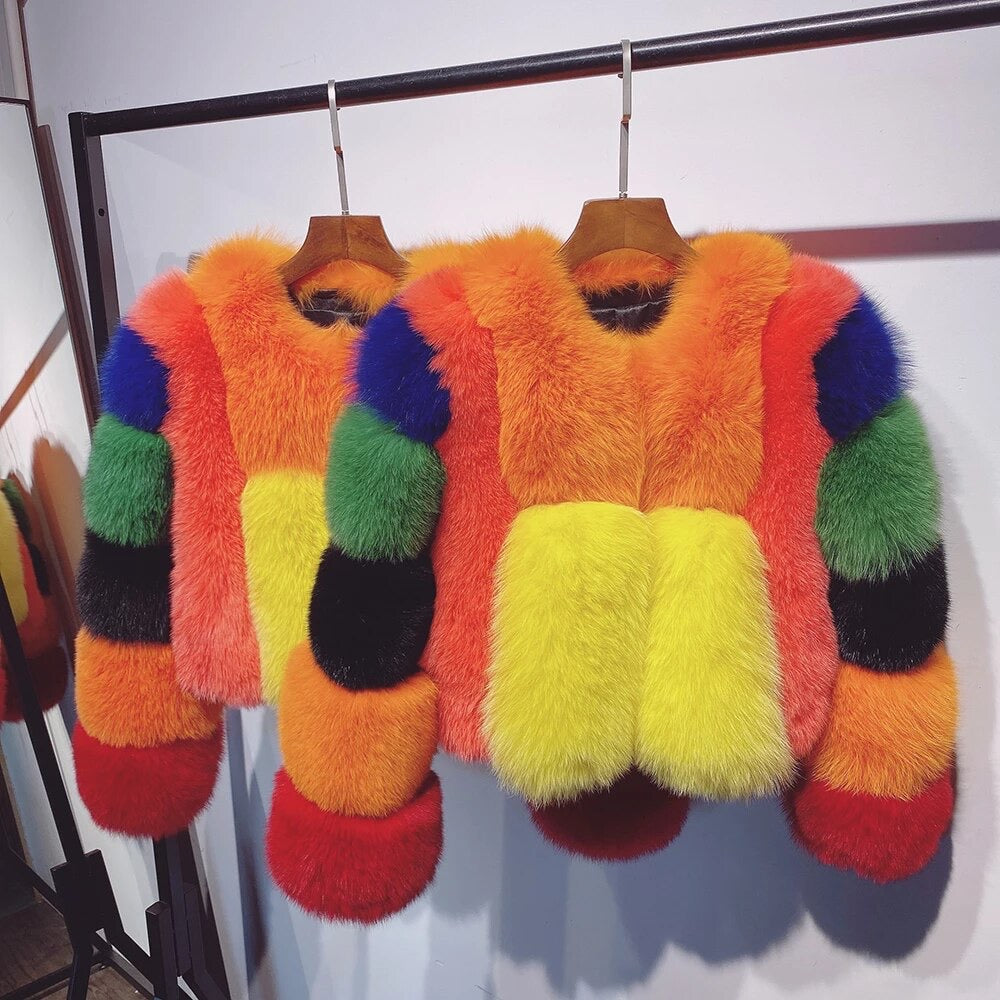 Colorblock Real Fox Fur Jacket BLANC LOVE