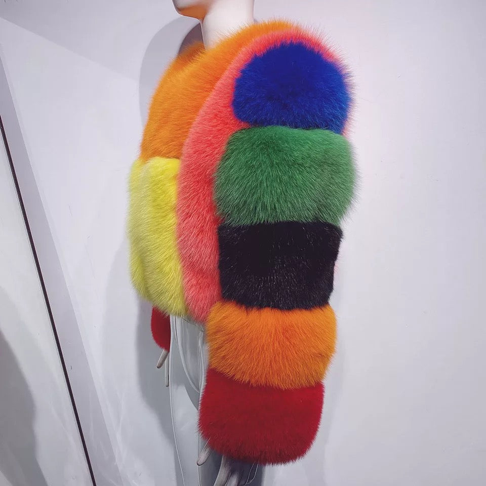 Colorblock Real Fox Fur Jacket BLANC LOVE